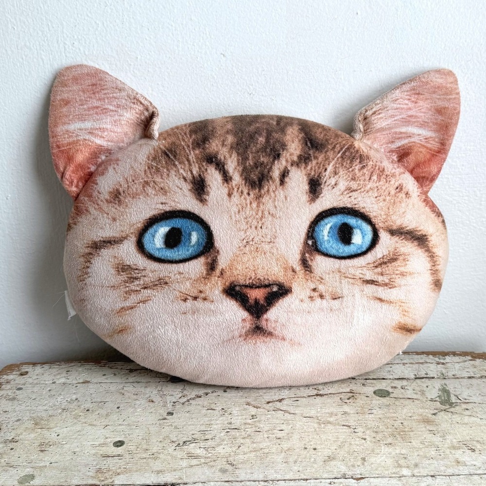 Realistic Cat Head Plush Pillow Brown Tabby Blue Eyes 3D Photo Print 12"